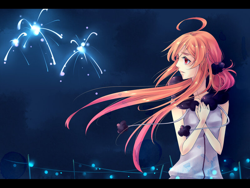 Anime Girl with Fireworks — Blue, Dramatic, Night