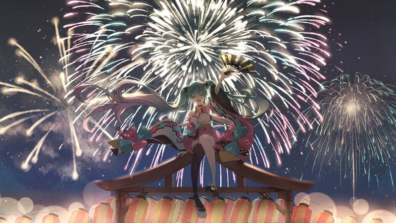 Anime Girl with Fireworks — Blue, Festive, Night, Digital Art, Lanterns