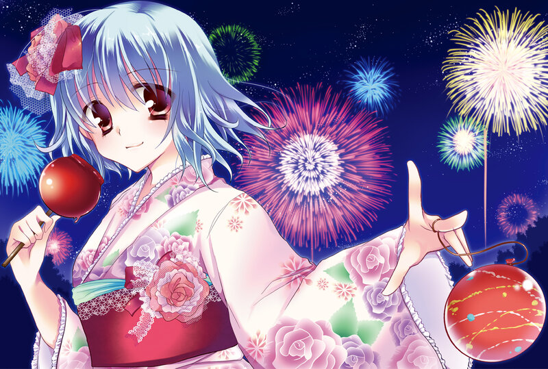 Anime Girl with Fireworks — Blue, Festive, Night