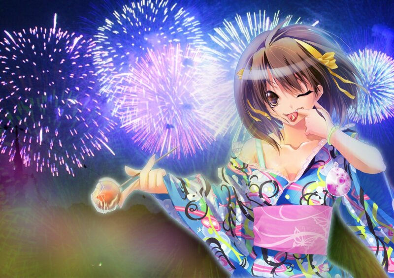 Anime Girl with Fireworks — Blue, Festive