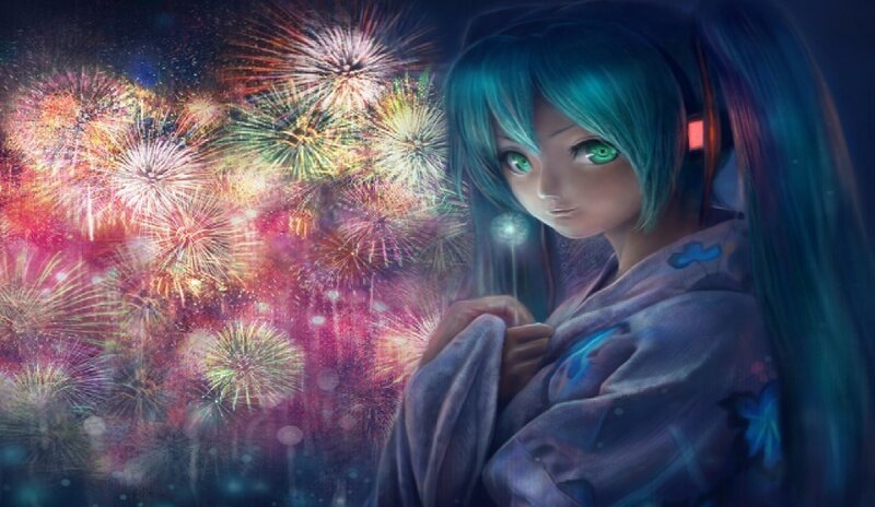 Anime Girl with Fireworks — Blue