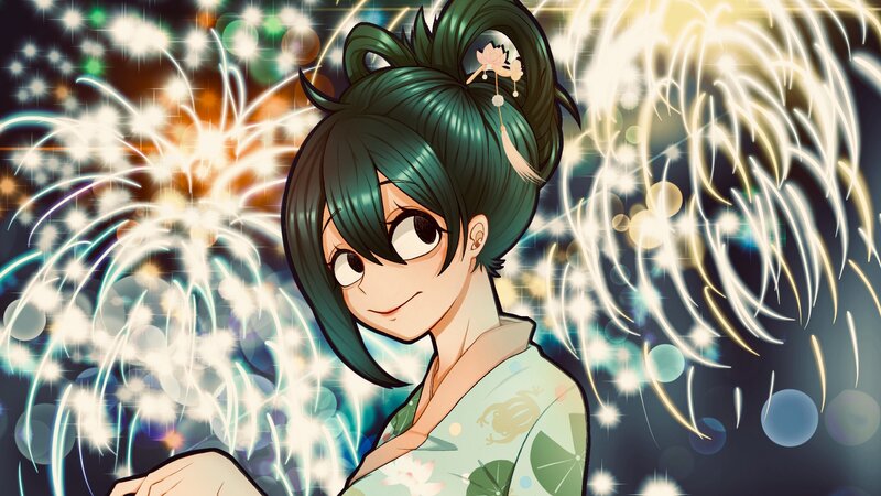Anime Girl with Fireworks — Green