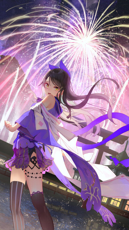 Anime Girl with Fireworks — Purple, Festive, Night, Digital Art