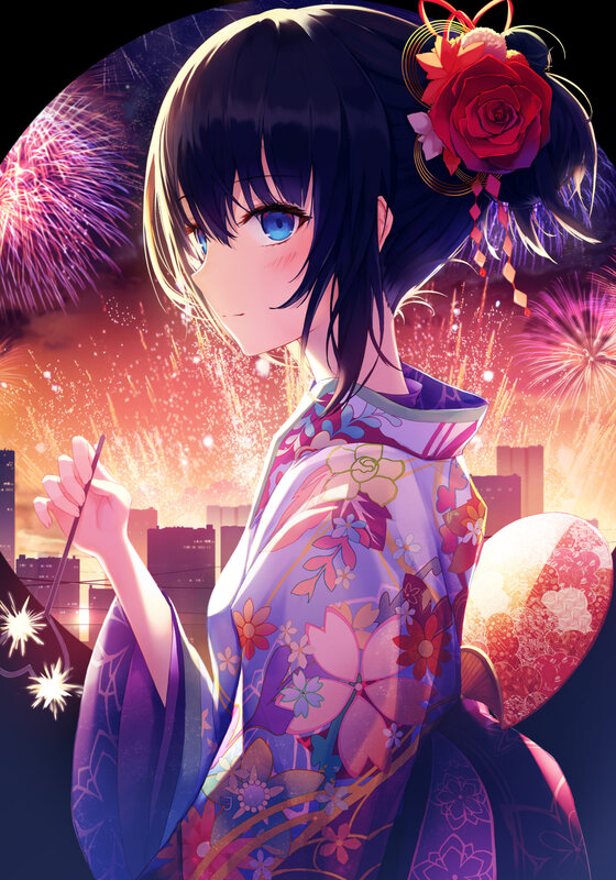Anime Girl with Fireworks — Purple, Festive