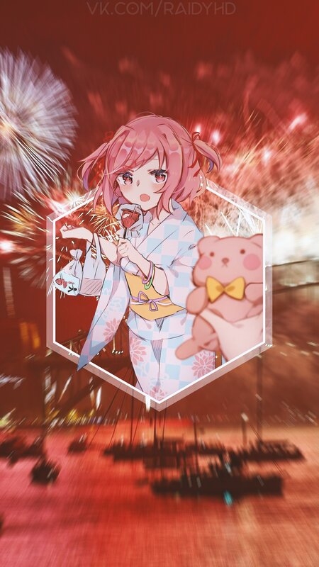 Anime Girl with Fireworks — Red, Festive