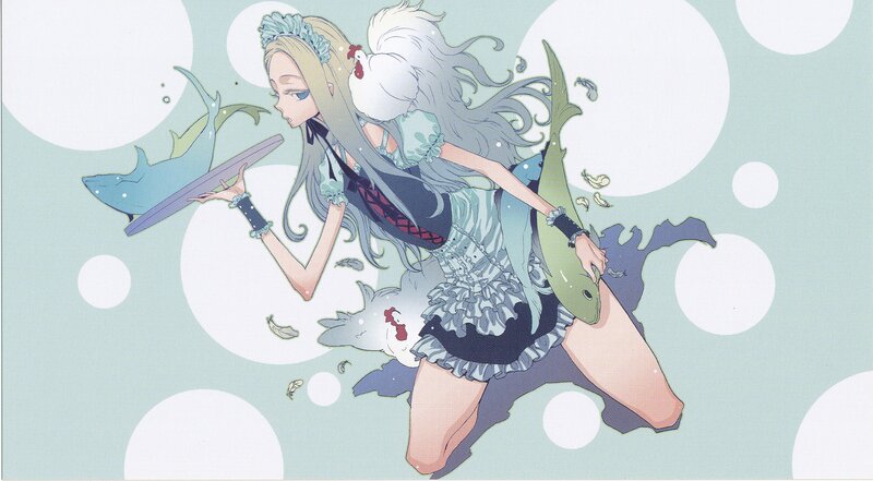 anime girl with fish and chicken