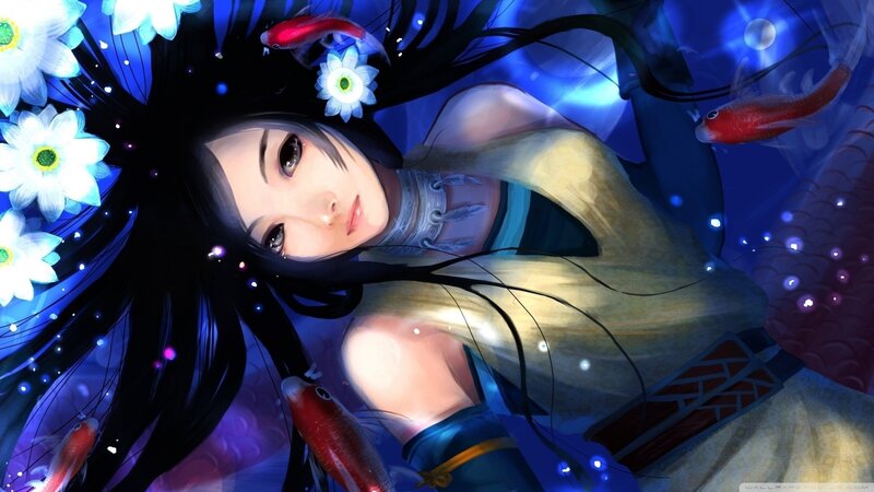 Anime girl with fish and flowers