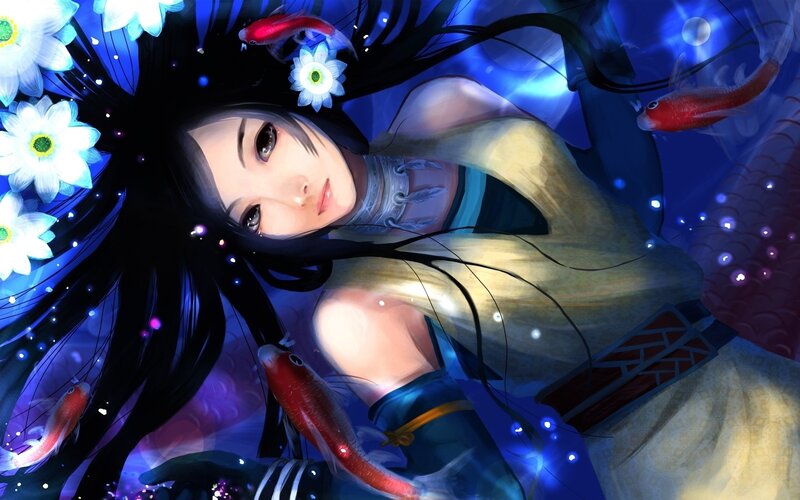 anime girl with fish and flowers