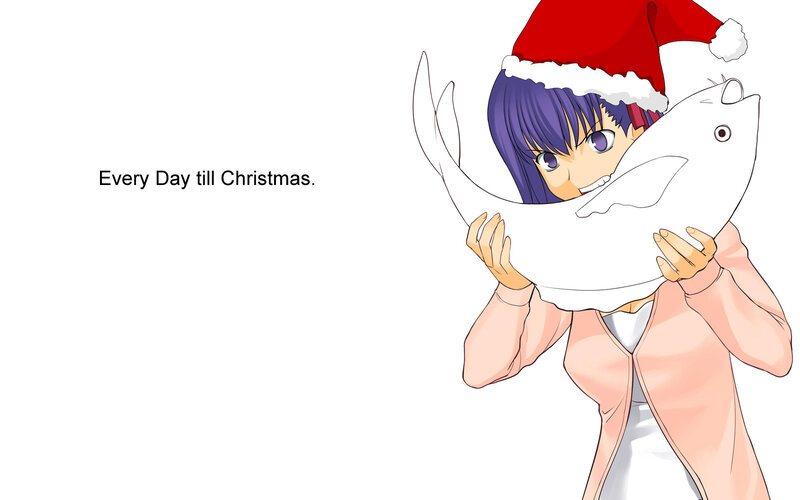 Anime girl with fish and Santa hat