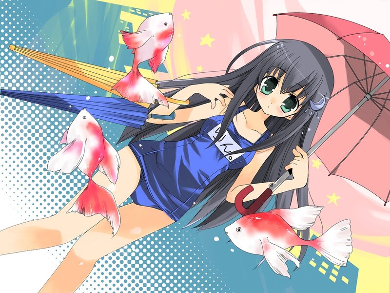 Anime girl with fish and umbrellas