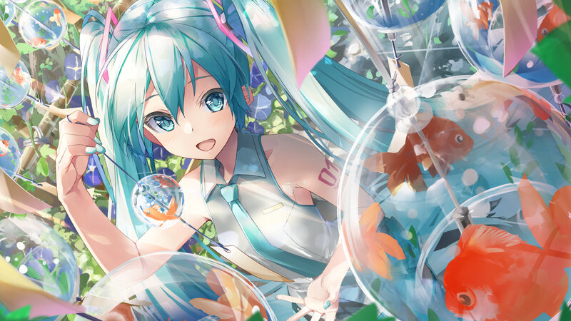 Anime Girl with Fish — Blue, Playful, Afternoon, Digital Art