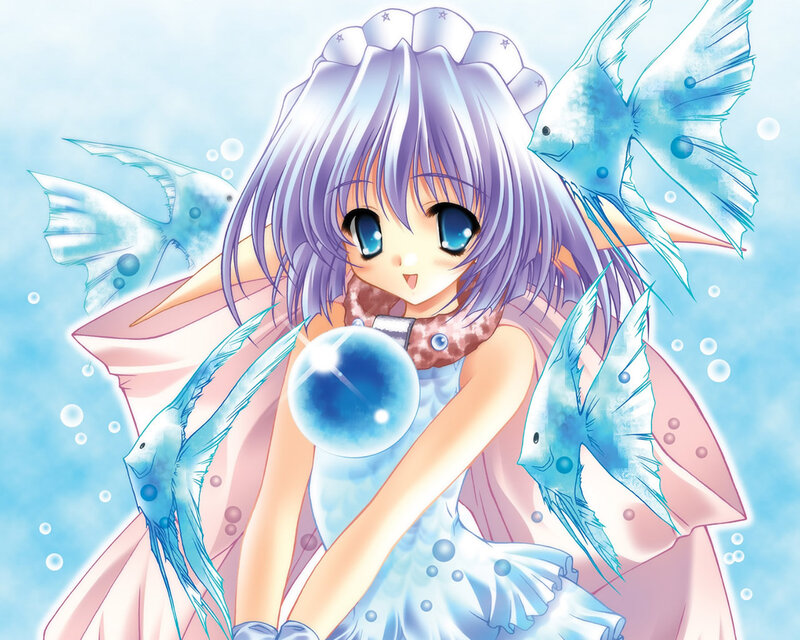 Anime Girl with Fish — Blue, Serene, Bubbles