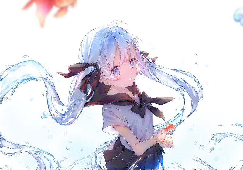 Anime Girl with Fish — Blue, Serene, Digital Art, Water