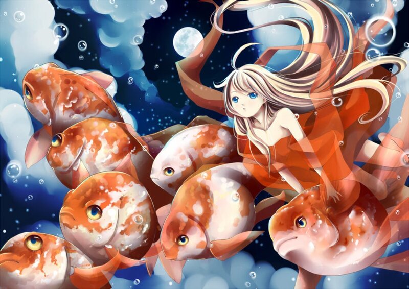 Anime Girl with Fish — Blue, Serene, Night
