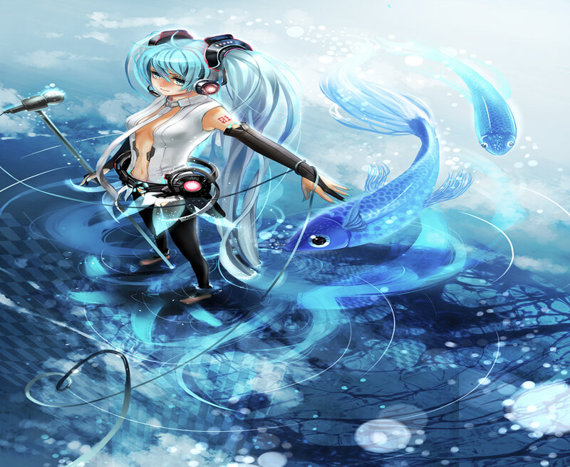 Anime Girl with Fish — Blue, Serene