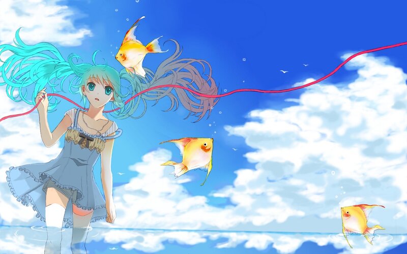 Anime girl with fish in sky