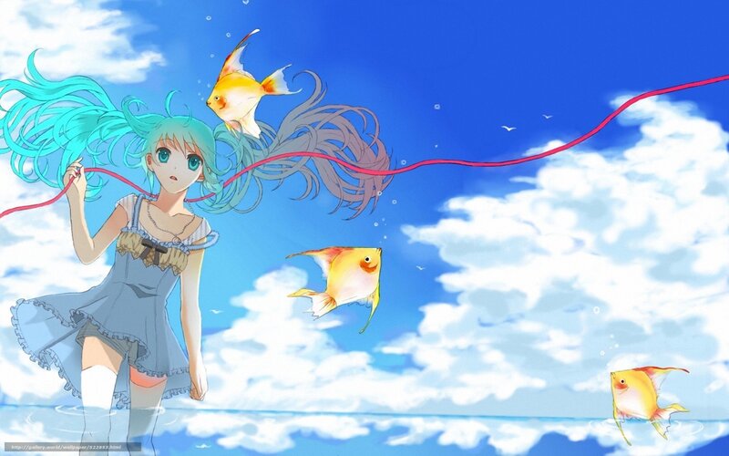 anime girl with fish in sky
