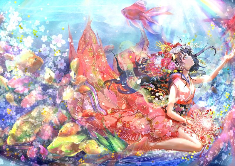 Anime Girl with Fish — Pink, Serene