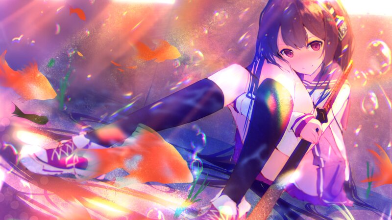 Anime Girl with Fish — Purple, Dreamy
