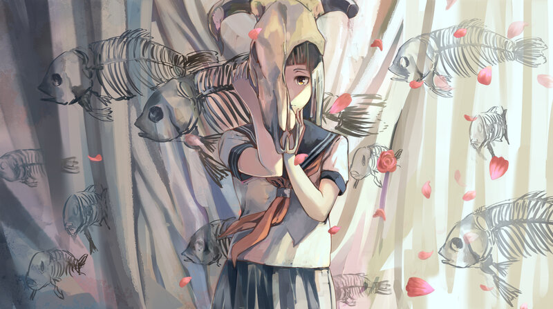 Anime Girl with Fish Skeletons