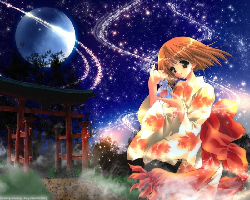 Anime girl with fish under stars