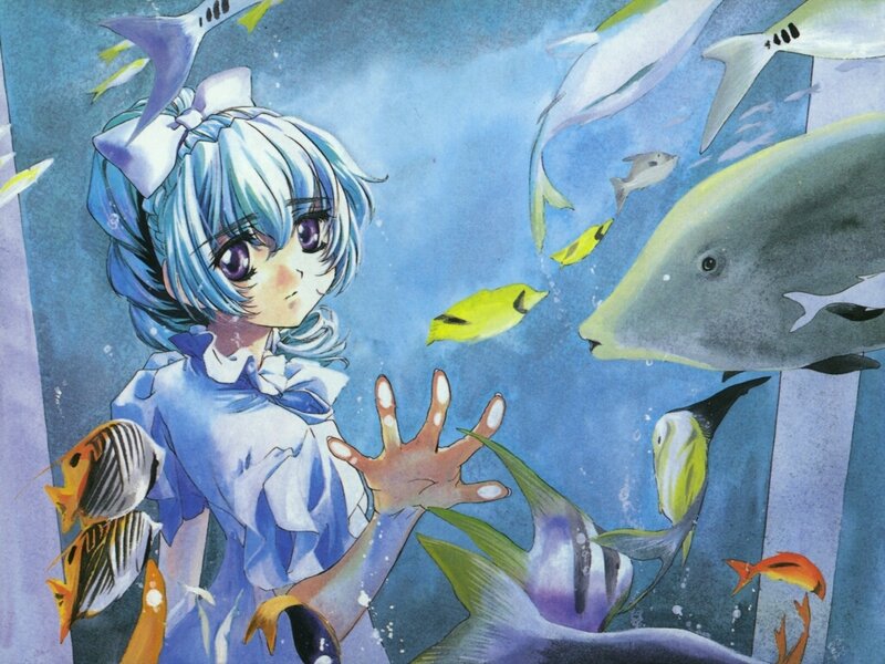 anime girl with fish underwater