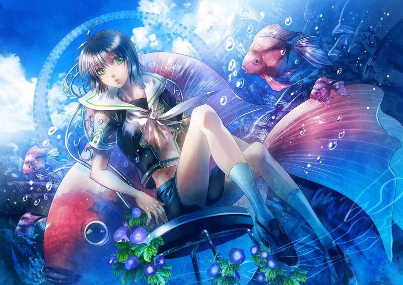 Anime girl with fish underwater