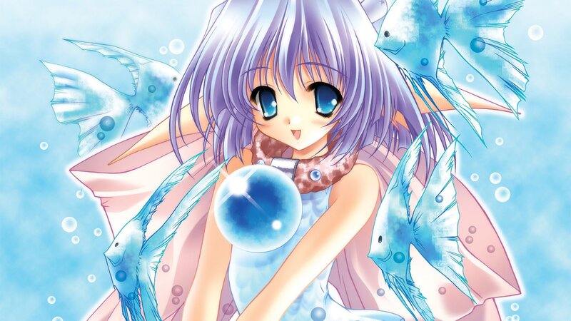 anime girl with fish underwater