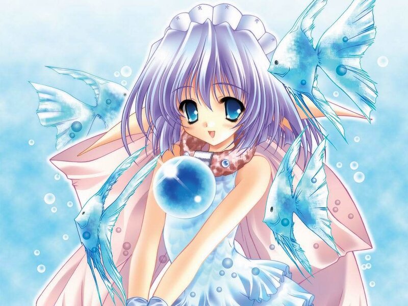 anime girl with fish underwater