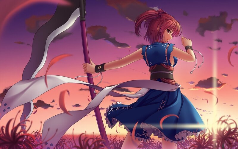 anime girl with flag at sunset