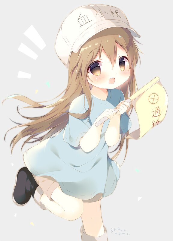 Anime Girl with Flag — Blue, Playful, Hat, Dress