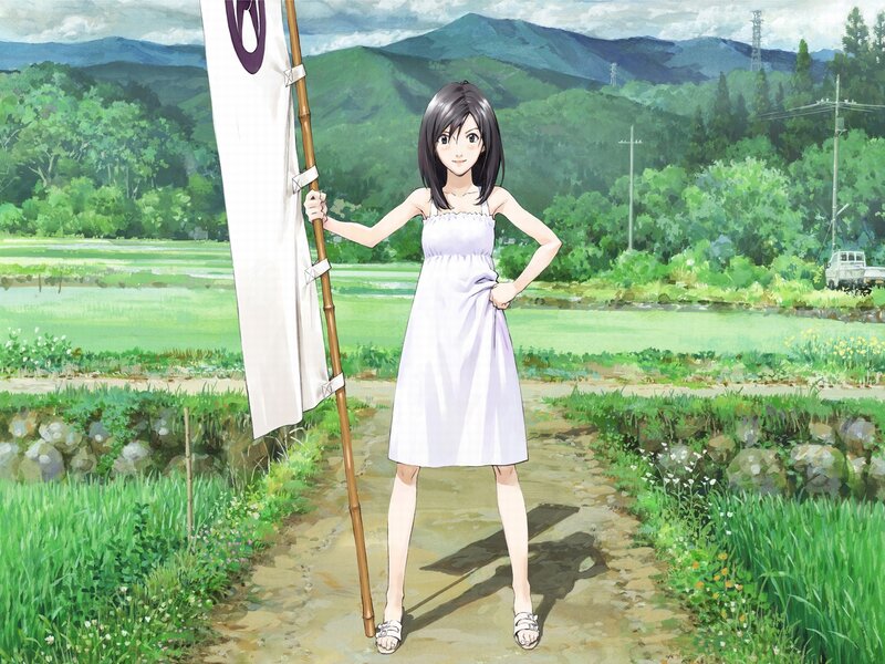 Anime girl with flag in field