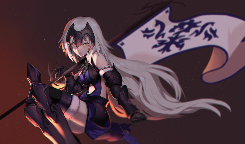 Anime Girl with Flag — Purple, Dramatic, Night