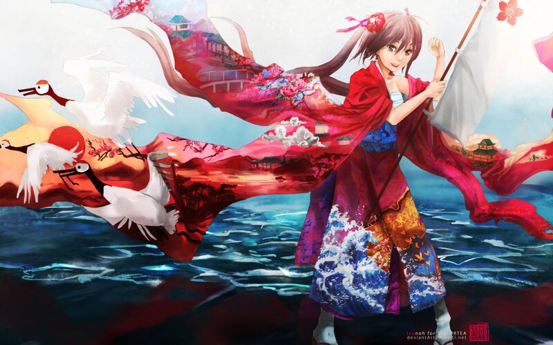 Anime Girl with Flag — Red, Dramatic, Spring