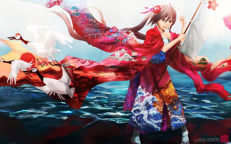 Anime Girl with Flag — Red, Dramatic