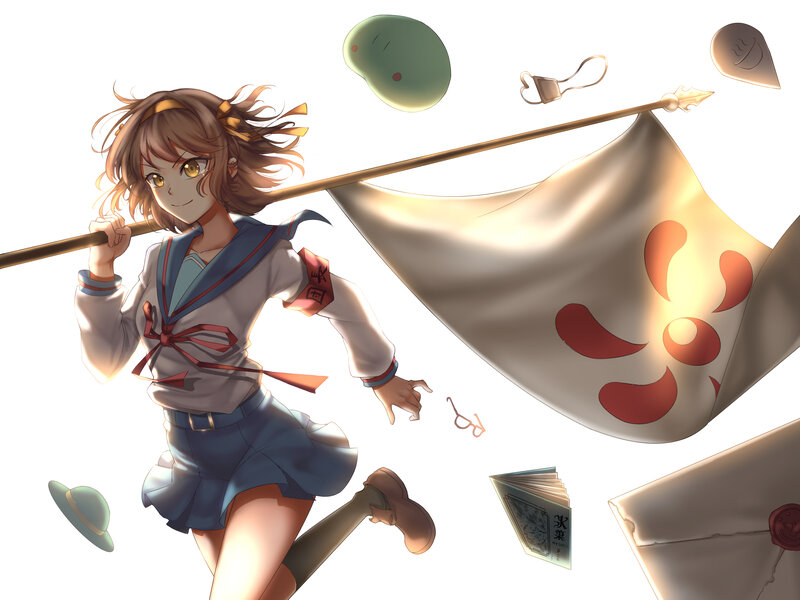 Anime Girl with Flag — White, Dynamic