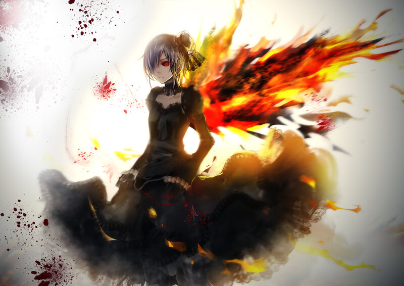 Anime Girl with Flames — Black, Dramatic