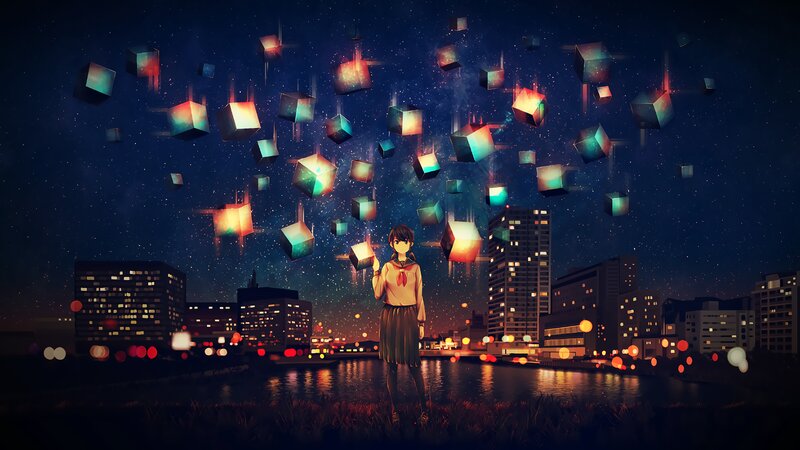 Anime Girl with Floating Cubes