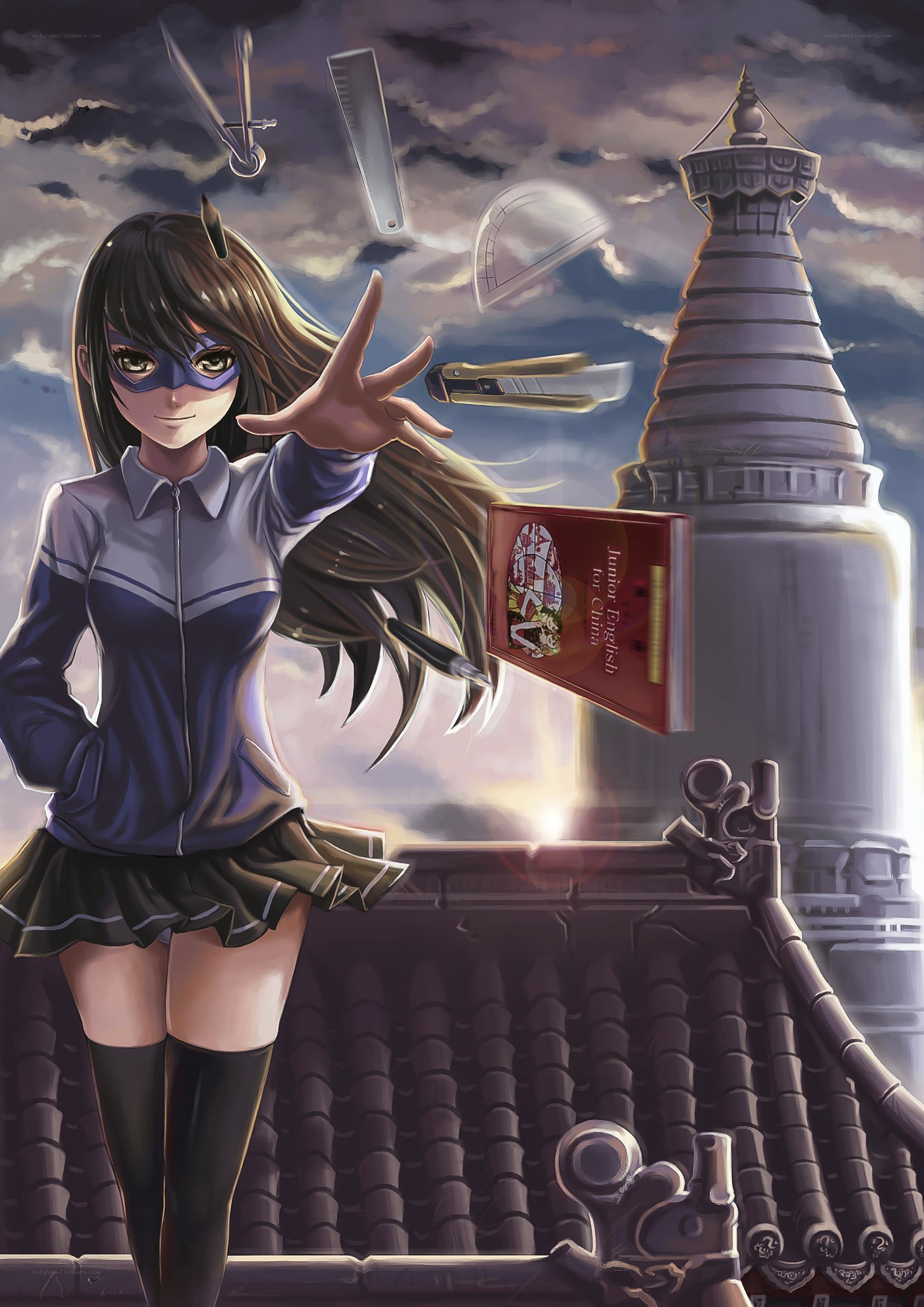 anime girl with floating objects