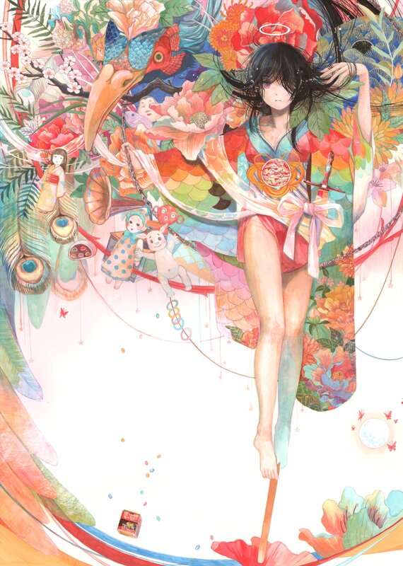 Anime girl with floral and bird motifs