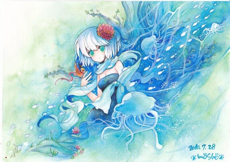 Anime girl with flower and bird