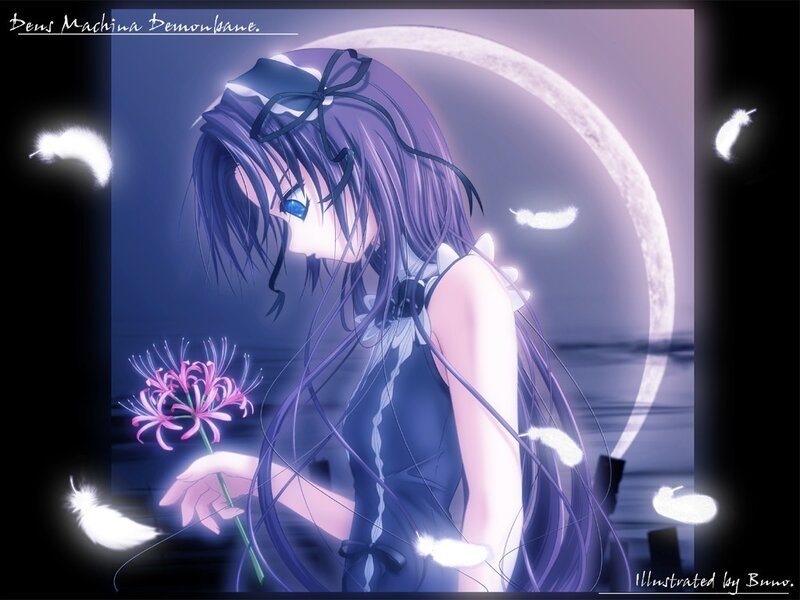 anime girl with flower and moon