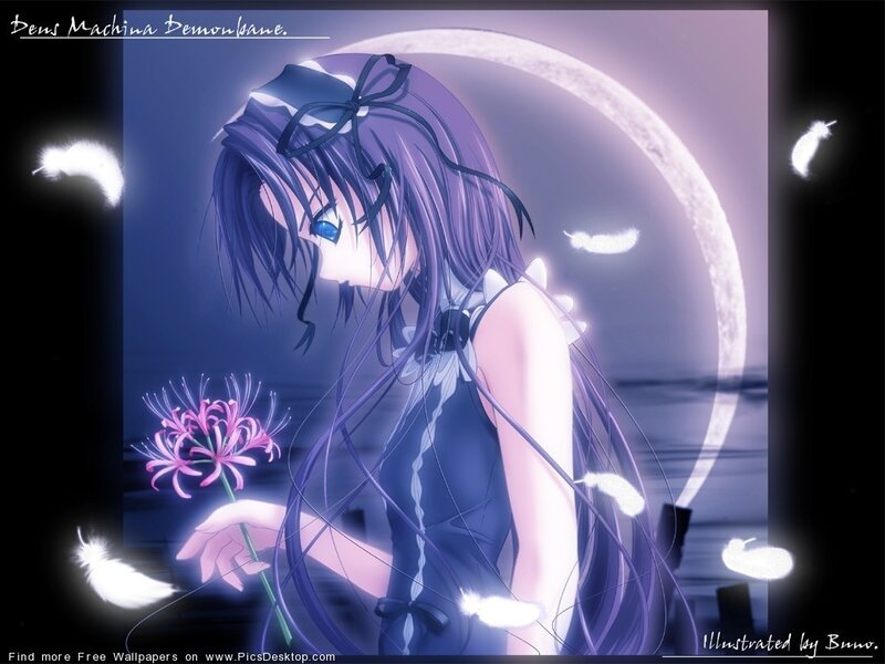 anime girl with flower and moon