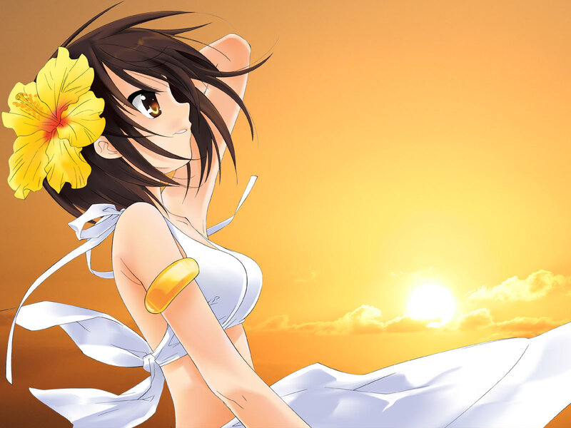 Anime girl with flower at sunset