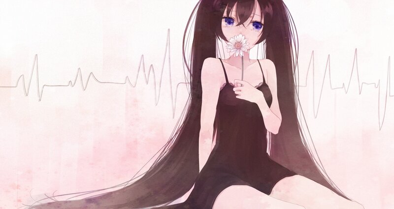 Anime Girl with Flower — Black, Calm