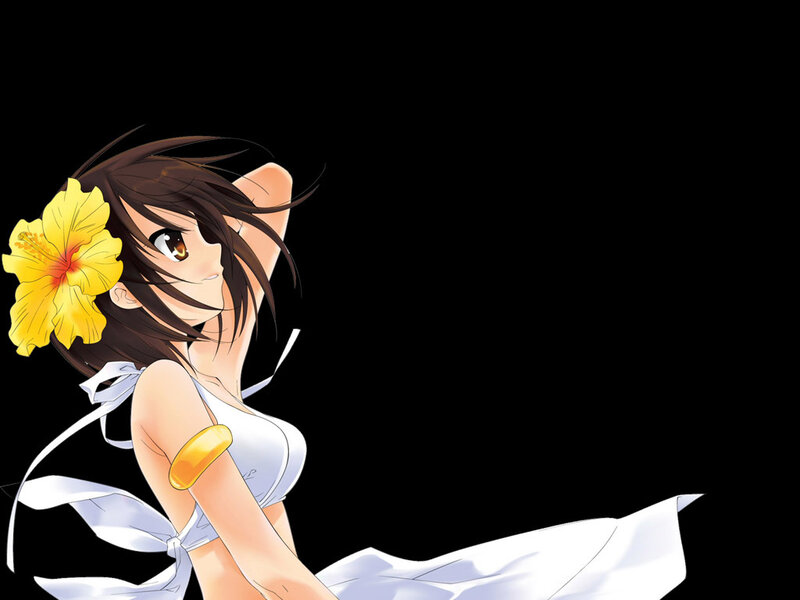 Anime Girl with Flower — Black, Calm, White Dress