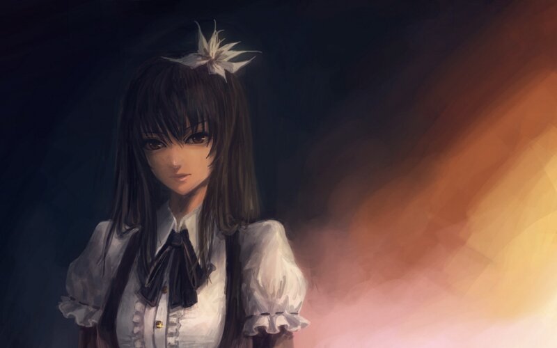 Anime Girl with Flower — Black, Dramatic, Digital Art, School Uniform