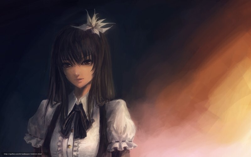 Anime Girl with Flower — Black, Dramatic, Digital Art