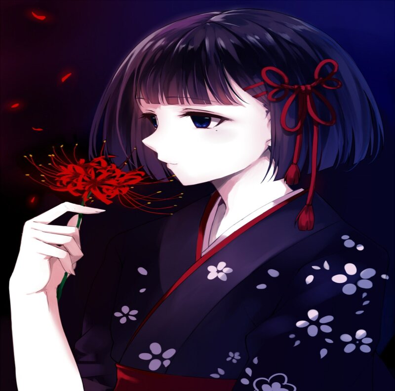 Anime Girl with Flower — Black, Dramatic, Night