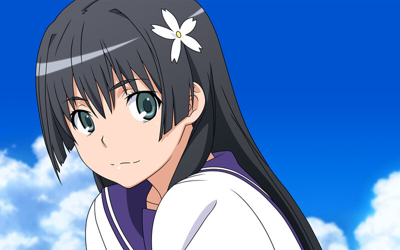 Anime Girl with Flower — Blue, Calm, Afternoon, School Uniform, Clouds